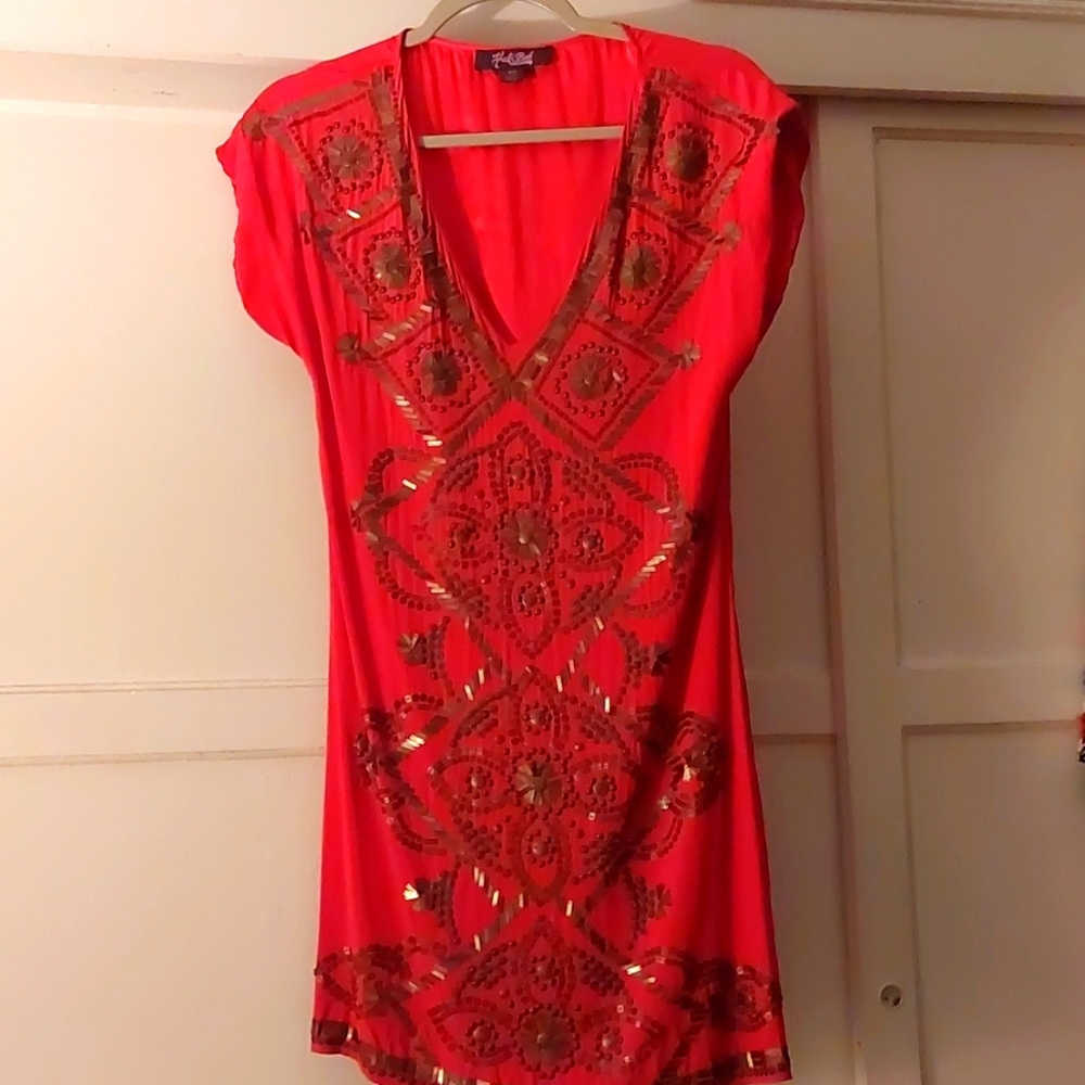 Hale Bob Red silk beaded dress XS